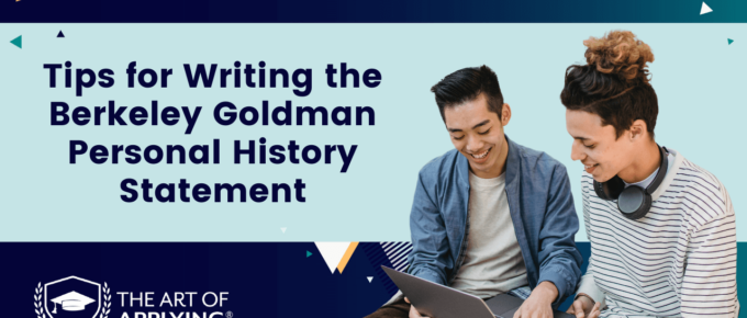 Two young male students reading and text: Tips for Writing the Berkeley Goldman Personal History Statement