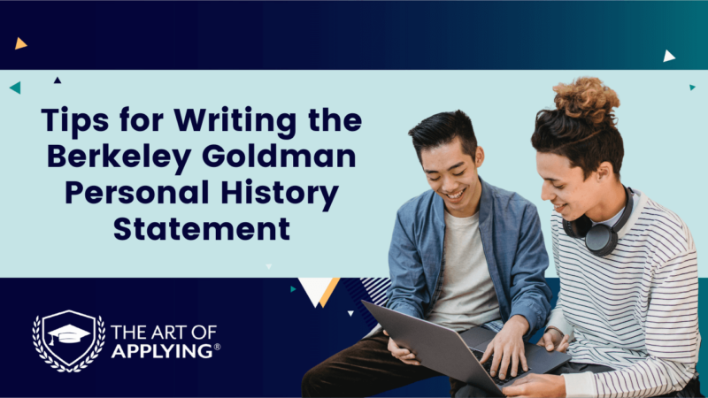 Two young male students reading and text: Tips for Writing the Berkeley Goldman Personal History Statement
